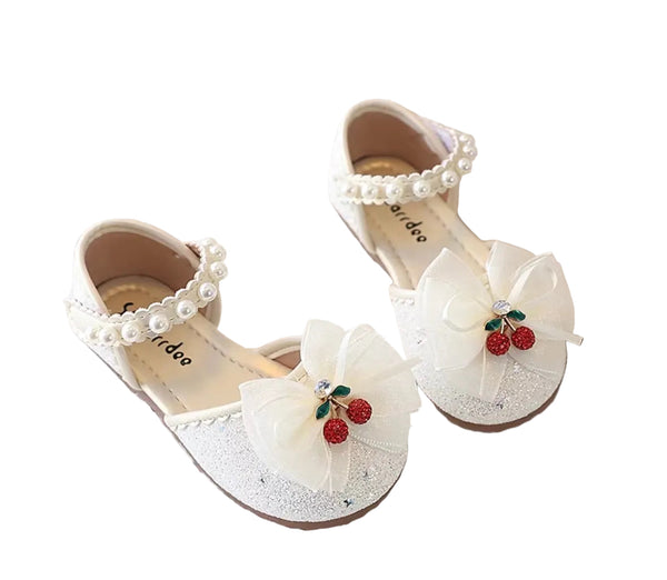 Girls Glitter Shoes with Pearl Strap & Cherry Bow