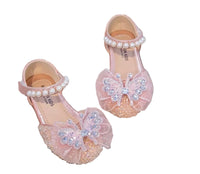 Girls Glitter Princess Shoes with Pearl Strap & Butterfly Bow